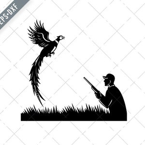 Silhouette von Vogeljäger mit Gewehr Jagd Fasan fliegen Retro schwarz weiß Svg-Vogel Jäger SVG-Fasan Jagd geschnitten Datei-DXF-jpg-png