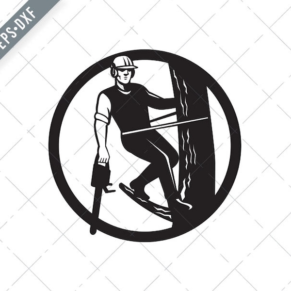 Tree Surgeon or Arborist With Chainsaw Trimming Tree Black and White Retro svg-Tree Surgeon SVG-Arborist Cut File-Arborist DXF-jpg-png