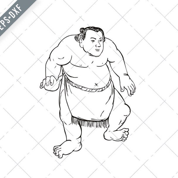 Professional Sumo Wrestler or Rikishi in Fighting Stance Ukiyo-E or Ukiyo Black and White Style Svg-Sumo Wrestler SVG-Cut File-DXF-jpg-png