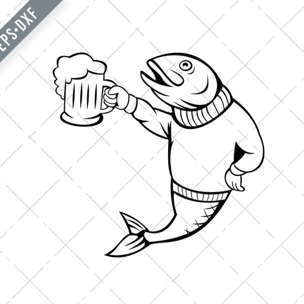 Trout or Salmon Fish Holding Up Beer Mug of Ale Wearing Sweater Cartoon Black White Svg-toasting SVG-Drunkard Cut File-cheers DXF-jpg-png