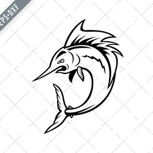 大西洋バショウカジキのジャンプ漫画白黒 SVG-バショウカジキ SVG-大西洋バショウカジキカット ファイル-ビルフィッシュ DXF-jpg-png