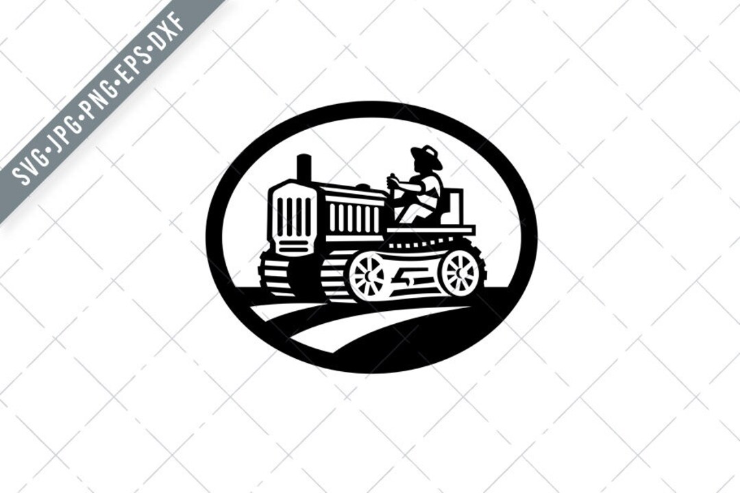Organic Farmer Driving Vintage Farm Tractor Oval Retro Monochrome Svg ...