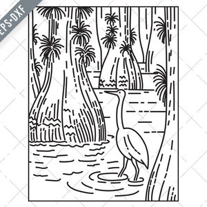 Grande Aigrettes dans le parc national des Everglades Mono Line Art Noir et Blanc Svg-Everglades SVG-Mono Line Art Cut File-DXF-National Park jpg-png