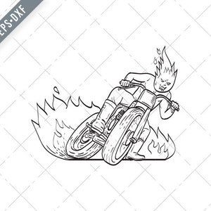 Motorradfahrer mit Fireball Head Driving Motorrad Flat Track Racing Line Kunst Zeichnung schwarz und weiß Svg-SVG-Cut Datei-DXF-jpg-png