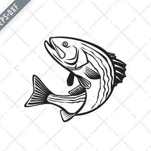 Pode incluir: Ilustração de linha preta e branca de um peixe-rei de listras saltando para fora da água.