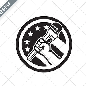 May include: Black and white illustration of a hand holding a wrench in front of a circle with stars, resembling the American flag.
