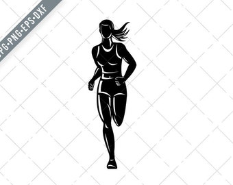 Female Marathon Runner Running Front View Black and White Svg-Marathon SVG-Female Marathon Cut File-Runner DXF-jpg-png