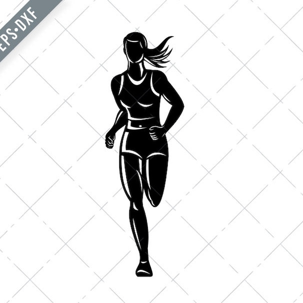 Female Marathon Runner Running Front View Black and White Svg-Marathon SVG-Female Marathon Cut File-Runner DXF-jpg-png