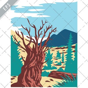 May include: A stylized illustration of a gnarled tree with brown branches against a backdrop of blue mountains and a light blue sky with white clouds. The tree is in the foreground and the mountains are in the background. The scene is reminiscent of a desert landscape.