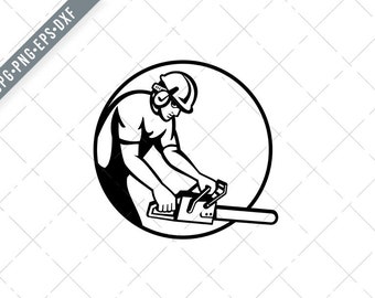 Arborist Tree Surgeon Lumberjack With Chainsaw Circle Retro Black and White Svg-Lumberjack SVG-Cut File-DXF-jpg-png