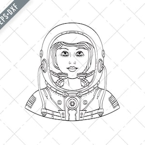 Weibliche Astronaut trägt einen Raum Helm und Raumanzug Front Tattoo Stil schwarz weiß Svg-weibliche Astronaut SVG-Cut Datei-Tattoo DXF-jpg-png