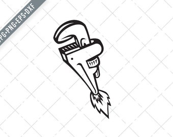 Pipe Wrench Rocket Booster Blasting Off Retro Black and White  Svg-Pipe Wrench SVG-Wrench Cut File-Plumber DXF-jpg-png