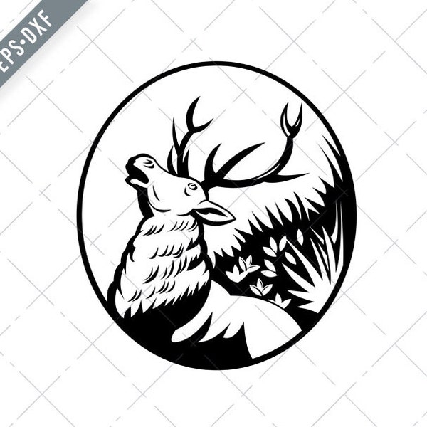 Rot Hirsch Hirsch brüllen in Wald Seite Ansicht Oval Retro schwarz und weiß Svg-Stag SVG-Red Hirsch geschnitten Datei-Roaring Hirsch DXF-jpg-png