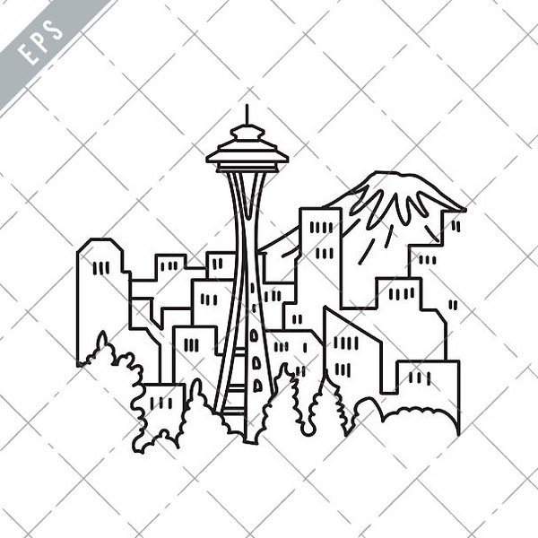 Seattle City Downtown Skyline with Space Needle USA Mono Line Art Poster Vector eps-Seattle EPS-png-Seattle City Downtown Skyline Clipart