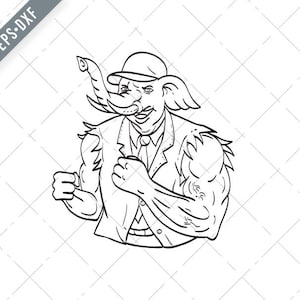 May include: Black and white line drawing of a muscular elephant wearing a hat and suit jacket. The elephant has a large, prominent trunk and is depicted in a powerful pose.