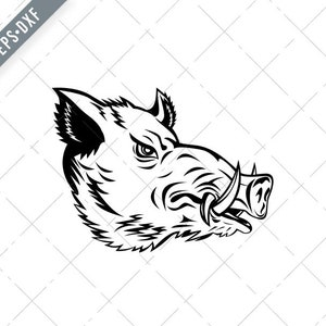 May include: A monochrome illustration of a wild boar's head, showcasing its tusks and fur detail. This vector graphic is suitable for design projects. The boar's expression is intense, with a focus on its eyes and the overall design.