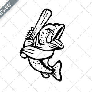 Bas wielkogębowy z maskotką odbijającą kij baseballowy czarno-biały Svg-bucketmouth SVG-widemouth Plik cięty-bas wielkogębowy DXF-jpg-png