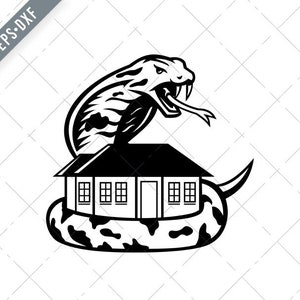 Koning Cobra Ophiophagus Hannah Snake Guarding House Retro Zwart-Wit Svg-King Cobra Security SVG-Cobra Guard Cut File-DXF-Cobra jpg-png