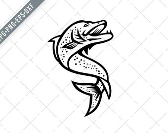 Northern Pike or Muskie fish Jumping Up Black and White Retro SVG-Northern Pike SVG-Muskie fish Cut File-Muskellunge DXF-jpg-png
