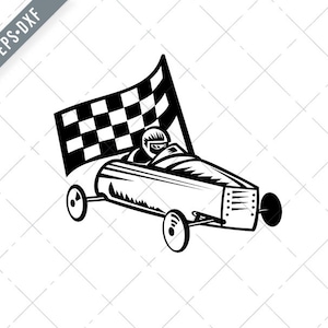 vintage Soap Box Derby ou Soapbox Car Racer Racing Flag Retro Noir et Blanc Svg-racing sport SVG-Cut File-DXF-jpg-png