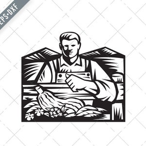 Agriculteur biologique avec des légumes de ferme Récolte Rétro Noir et Blanc Svg-Organic Farmer SVG-Farmer Cut File-DXF-jpg-png