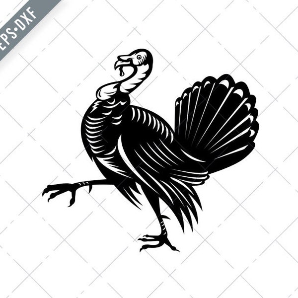 Wild Turkey Marching Side View Rétro Noir et Blanc Svg-Meleagris SVG-dinde Cut File-DXF-jpg-png