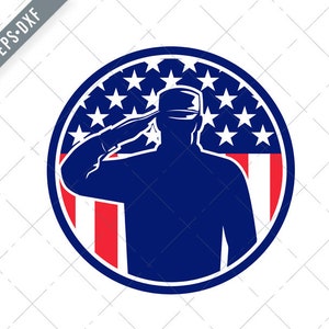 Amerikanischer Veteran Soldat oder Militärsoldat Personal Begrüßen der USA Flagge Kreis Retro Farbe geschichtet Svg-SVG-Cut Datei-DXF-jpg-png