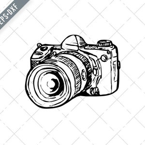 DSLR Digital Standbildkamera mit Zoom Zeichnung Seite schwarz und weiß Svg-SLR Kamera Svg-Cut File-DXF-jpg-png