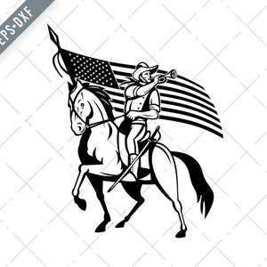 United States Cavalry on Horse Blowing Bugle With USA Flag Retro Black and White Svg-Cavalry SVG-Cut File-DXF-jpg-png