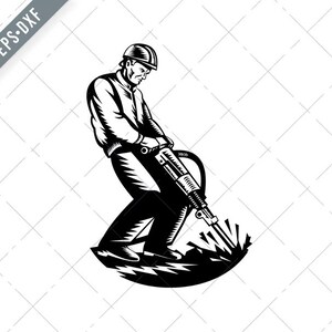 May include: Black and white illustration of a construction worker using a jackhammer to break up pavement.