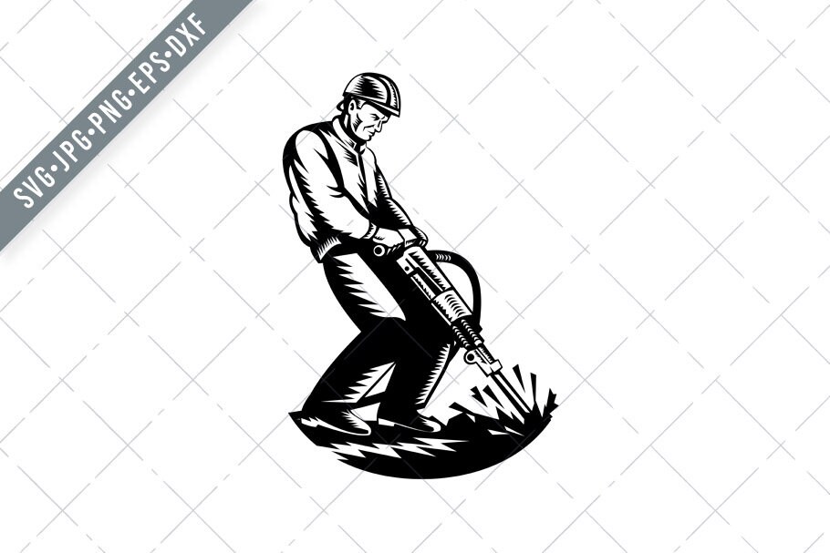 Construction Worker with Jack Hammer Pneumatic Drill Woodcut Retro Black White Svg-Jack Hammer SVG-Construction Worker Cut File-DXF-jpg-png