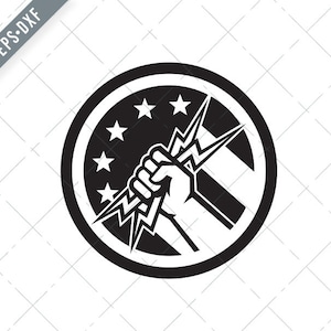 May include: Black and white illustration of a fist holding a lightning bolt, surrounded by stars in a circle.