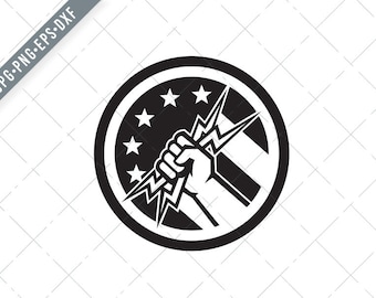 Electrician Hand Holding Lightning Bolt USA Flag Circle Icon svg-Electrician SVG-Lightning Bolt Cut File-Electrician DXF-jpg-png