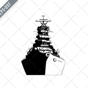 American or United Sates Battleship Warship Dreadnought Naval Fighting Ship Front View Retro Black and White Svg-SVG-Cut File-DXF-jpg-png
