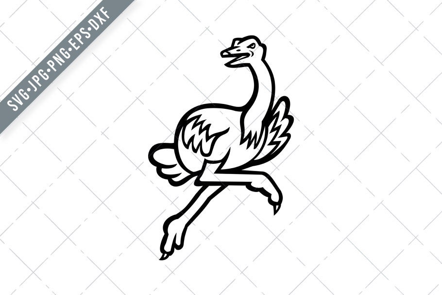 Ostrich Running at Full Speed Side View Mascot Black and White common ostrich Svg-SVG-Cut File-DXF-jpg-png