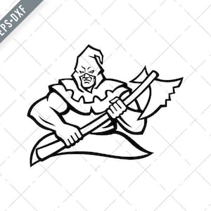 Zakapturzony średniowieczny kat niosący topór maskotka czarno-biały Svg-kat SVG-Cut File-headsman DXF-jpg-png