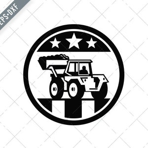 以下が含まれることがあります： 3つの星が描かれた円の中に、運転手が乗ったダンプトラックの白黒イラスト。トラックは土砂や砂利を積んでいます。円の下部には縞模様があります。