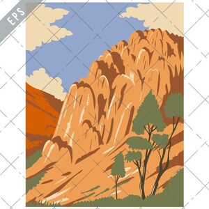 May include: A vintage-style illustration of a rocky mountain landscape with a blue sky and white clouds. The mountain is a light orange colour with a dark orange base. There are two green trees in the foreground.