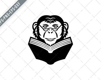 Chimpanzee Chimp Monkey Primate or Ape Wearing Glasses Reading Book Mascot Black and White Svg-Chimpanzee Book SVG-Cut File-DXF-jpg-png