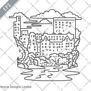 May include: A black and white line drawing of a city skyline featuring buildings, trees, and a river. The buildings are tall and have many windows. The trees are clustered together and the river is winding.