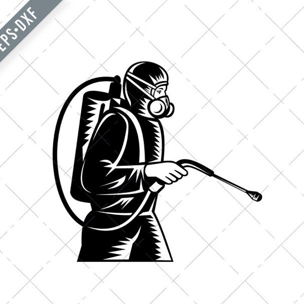 Pest Control Exterminator Spraying Side Retro Woodcut Black and White Svg-contamination SVG-Cut File-DXF-jpg-png