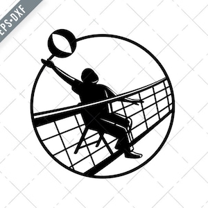 Senior Chair Volleyball Player Spiking Ball Net Stencil Black and White Retro Style Svg-Senior Chair Volleyball SVG-Cut File-DXF-jpg-png