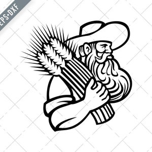 Agricultor de grano orgánico o agricultor de trigo con barba sosteniendo un montón de trigo seco retro mascota negro y blanco Svg-SVG-Cut Archivo-DXF-jpg-png