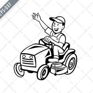 Farmer Riding Ride-on Mower Waving Hand Cartoon Black and White Svg-Ride-on Mower SVG-Farmer Cut File-Mower DXF-jpg-png
