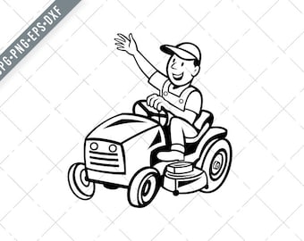 Farmer Riding Ride-on Mower Waving Hand Cartoon Black and White Svg-Ride-on Mower SVG-Farmer Cut File-Mower DXF-jpg-png