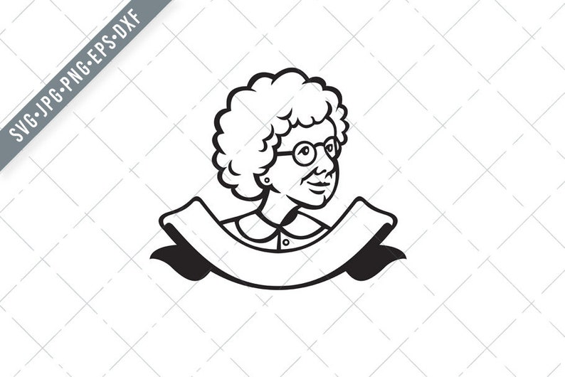 May include: Black and white line art illustration of a woman with curly hair wearing glasses and a collared shirt. She is positioned in front of a banner with space for text.