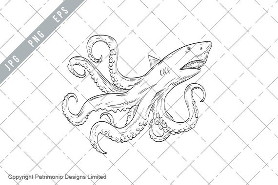 ルスカ海の怪物 半分サメ、半分タコの線画 白黒 EPS-ルスカの絵 JPG