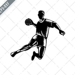 Team HandballSpieler Springen Scoring Holzschnitt schwarz und weiß Svg-Handball SVG-europäischen Handball geschnitten Datei-DXF-jpg-png