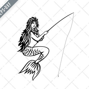 Meerjungfrau Sirene mit Angelrute und Fliege Angeln Maskottchen Schwarz-Weiß Retro SVG-Meerjungfrau Angeln SVG-Meerjungfrau Cut File-DXF-jpg-png