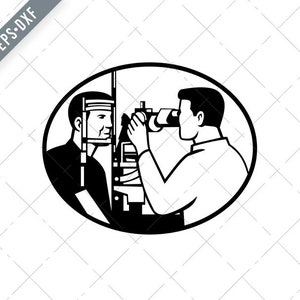 Paciente y óptico u optometrista con pruebas de equipos de prueba ocular para el examen ocular Retro negro y blanco SVG-optician SVG-Cut File-DXF-jpg-png